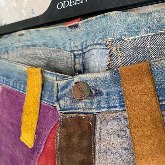 Vintage 70s Suede Patchwork Groovy Jeans Men's 28 - Disco Flare Handmade OOAK - Picture 9 of 15